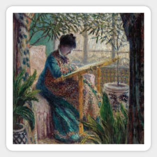 Madame Monet Embroidering by Claude Monet Sticker